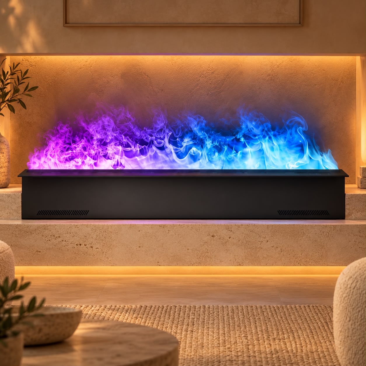 Olyra, cheminée à vapeur d’eau 3D aux flammes colorées